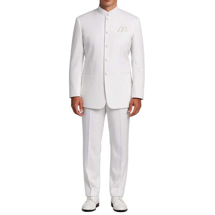 VINCI Men's White 5-Button Classic-Fit Tuxedo with Banded Collar - NEW. Elegant Mandarin collar, fully lined jacket, and single-pleated pants ready for custom tailoring. Ideal for standout style at formal events. Available at Fashion House Inc. (FH Menswear)