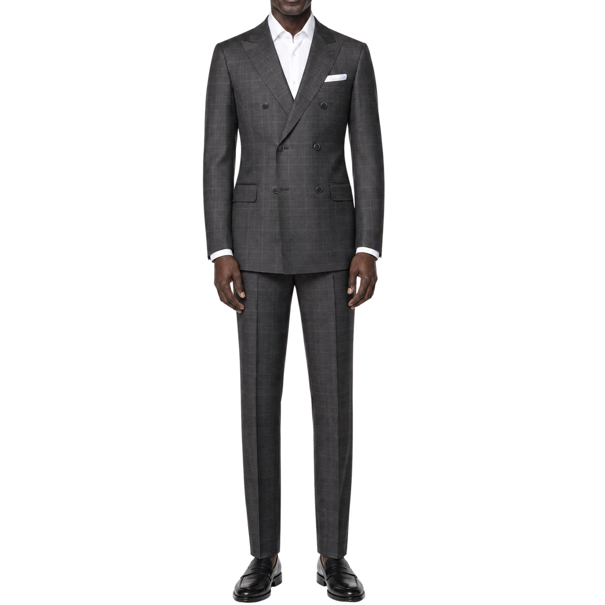 VINCI Men's Black Sharkskin Glen Plaid Double Breasted Regular Fit Suit NEW. Features a sharp peak lapel, fully lined double breasted jacket, refined sharkskin Glen Plaid pattern, and flat front pants with a flexible comfort waistband and unfinished hems for custom tailoring. A classic men's suit for business, office, weddings, formal events, and evening wear. Available at Fashion House Inc. (FH Menswear, Style #DRW-7)