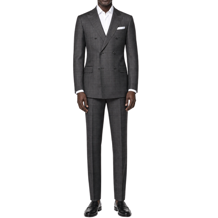 VINCI Men's Black Sharkskin Glen Plaid Double Breasted Regular Fit Suit NEW. Features a sharp peak lapel, fully lined double breasted jacket, refined sharkskin Glen Plaid pattern, and flat front pants with a flexible comfort waistband and unfinished hems for custom tailoring. A classic men's suit for business, office, weddings, formal events, and evening wear. Available at Fashion House Inc. (FH Menswear, Style #DRW-7)