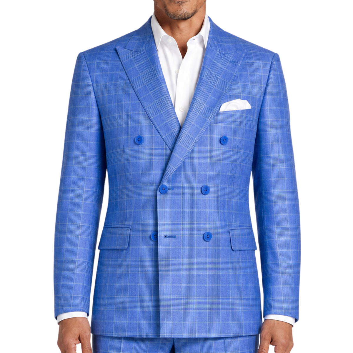 VINCI Men's Nautic Blue Sharkskin Glen Plaid Double Breasted Regular Fit Suit NEW. Features a sharp peak lapel, fully lined double breasted jacket, refined sharkskin Glen Plaid pattern, and flat front pants with a flexible comfort waistband and unfinished hems for custom tailoring. A classic men's suit for business, office, weddings, formal events, and evening wear. Available at Fashion House Inc. (FH Menswear, Style #DRW-7)