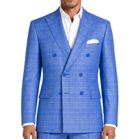 VINCI Men's Nautic Blue Sharkskin Glen Plaid Double Breasted Regular Fit Suit NEW. Features a sharp peak lapel, fully lined double breasted jacket, refined sharkskin Glen Plaid pattern, and flat front pants with a flexible comfort waistband and unfinished hems for custom tailoring. A classic men's suit for business, office, weddings, formal events, and evening wear. Available at Fashion House Inc. (FH Menswear, Style #DRW-7)
