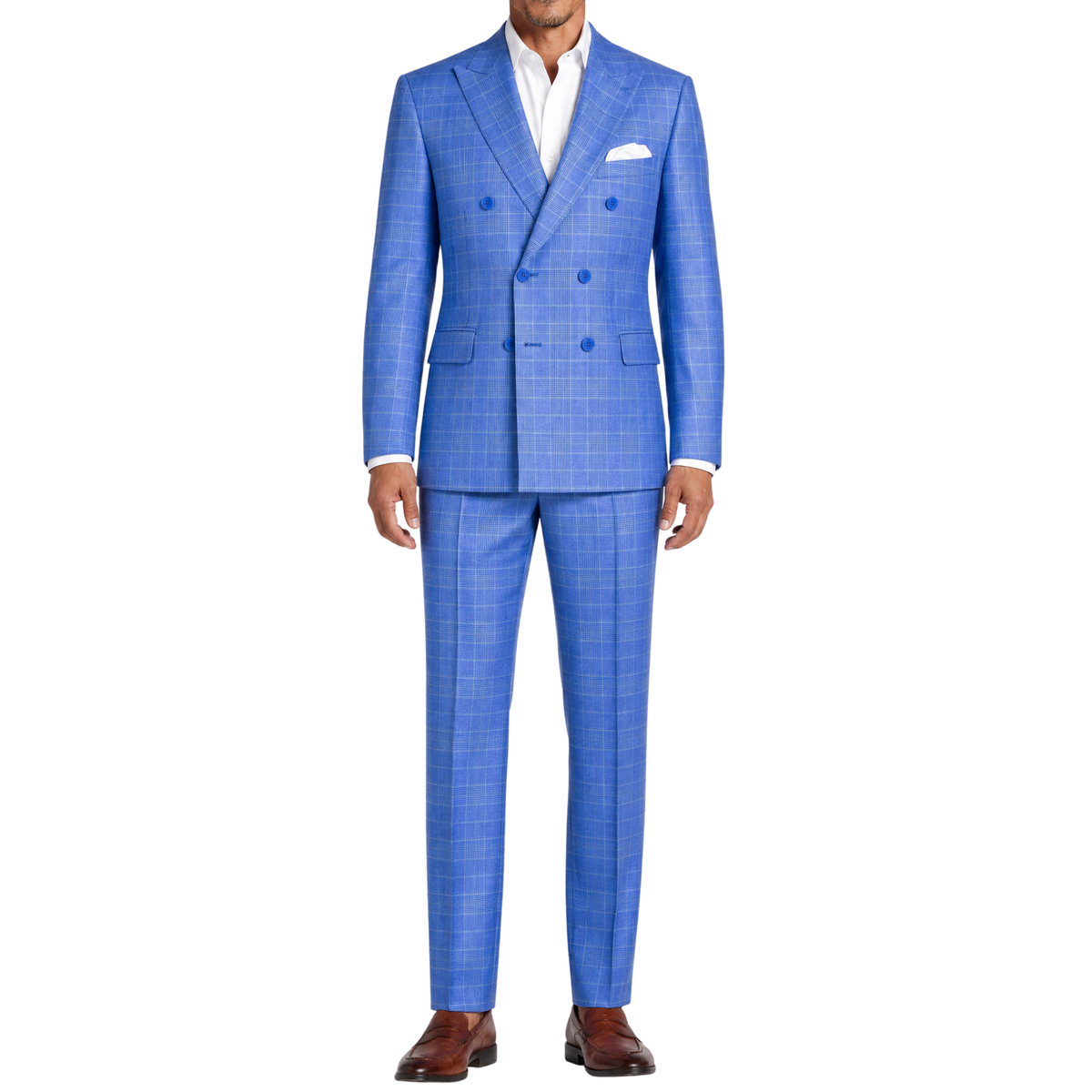 VINCI Men's Nautic Blue Sharkskin Glen Plaid Double Breasted Regular Fit Suit NEW. Features a sharp peak lapel, fully lined double breasted jacket, refined sharkskin Glen Plaid pattern, and flat front pants with a flexible comfort waistband and unfinished hems for custom tailoring. A classic men's suit for business, office, weddings, formal events, and evening wear. Available at Fashion House Inc. (FH Menswear, Style #DRW-7)