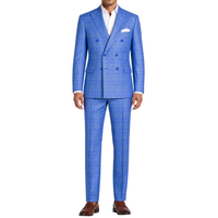 VINCI Men's Nautic Blue Sharkskin Glen Plaid Double Breasted Regular Fit Suit NEW. Features a sharp peak lapel, fully lined double breasted jacket, refined sharkskin Glen Plaid pattern, and flat front pants with a flexible comfort waistband and unfinished hems for custom tailoring. A classic men's suit for business, office, weddings, formal events, and evening wear. Available at Fashion House Inc. (FH Menswear, Style #DRW-7)