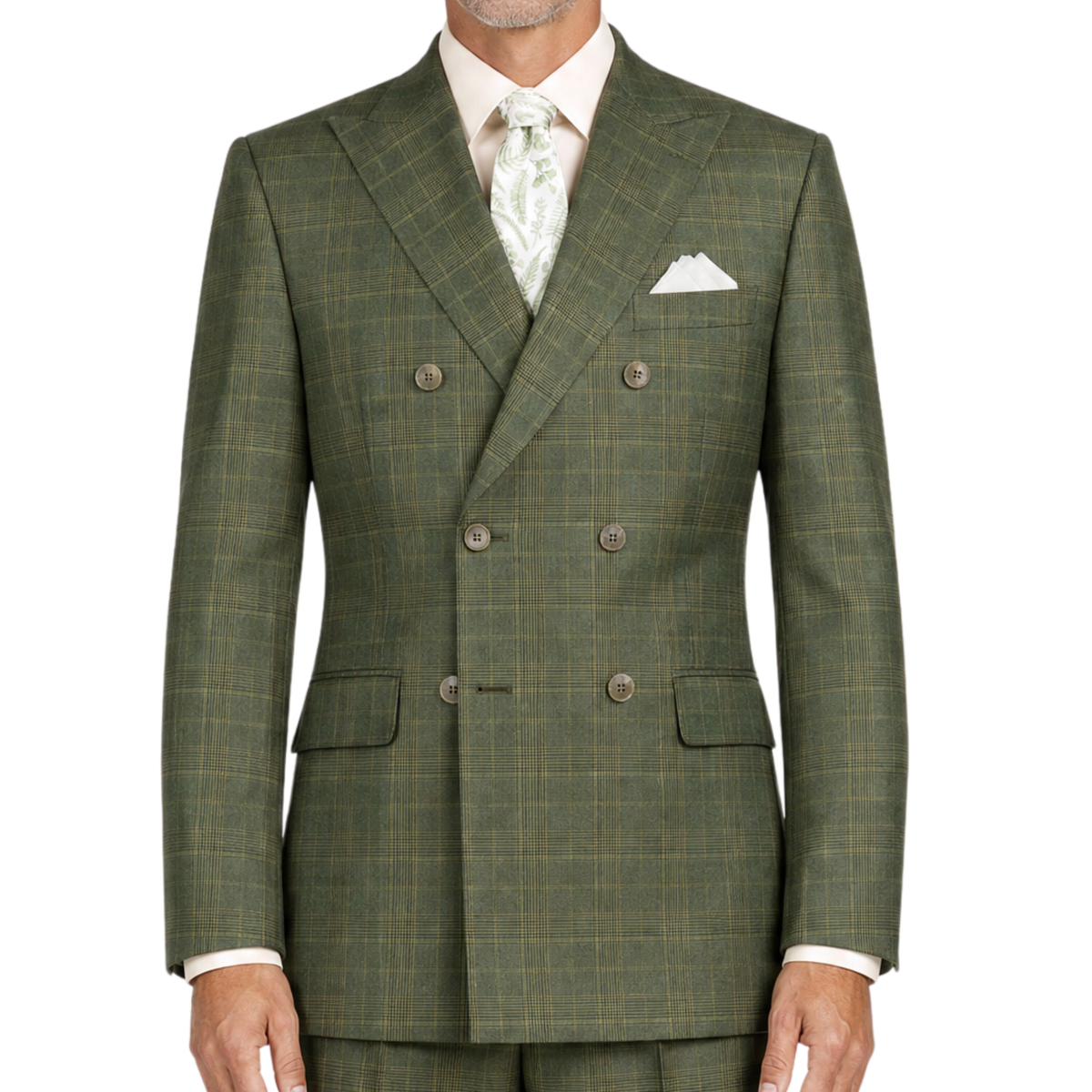 VINCI Men's Olive Green Sharkskin Glen Plaid Double Breasted Regular Fit Suit NEW. Features a sharp peak lapel, fully lined double breasted jacket, refined sharkskin Glen Plaid pattern, and flat front pants with a flexible comfort waistband and unfinished hems for custom tailoring. A classic men's suit for business, office, weddings, formal events, and evening wear. Available at Fashion House Inc. (FH Menswear, Style #DRW-7)