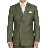 VINCI Men's Olive Green Sharkskin Glen Plaid Double Breasted Regular Fit Suit NEW. Features a sharp peak lapel, fully lined double breasted jacket, refined sharkskin Glen Plaid pattern, and flat front pants with a flexible comfort waistband and unfinished hems for custom tailoring. A classic men's suit for business, office, weddings, formal events, and evening wear. Available at Fashion House Inc. (FH Menswear, Style #DRW-7)