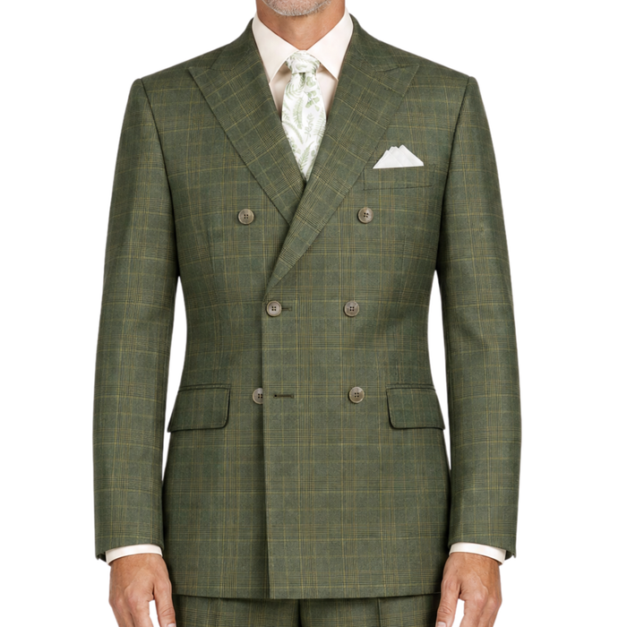 VINCI Men's Olive Green Sharkskin Glen Plaid Double Breasted Regular Fit Suit NEW. Features a sharp peak lapel, fully lined double breasted jacket, refined sharkskin Glen Plaid pattern, and flat front pants with a flexible comfort waistband and unfinished hems for custom tailoring. A classic men's suit for business, office, weddings, formal events, and evening wear. Available at Fashion House Inc. (FH Menswear, Style #DRW-7)