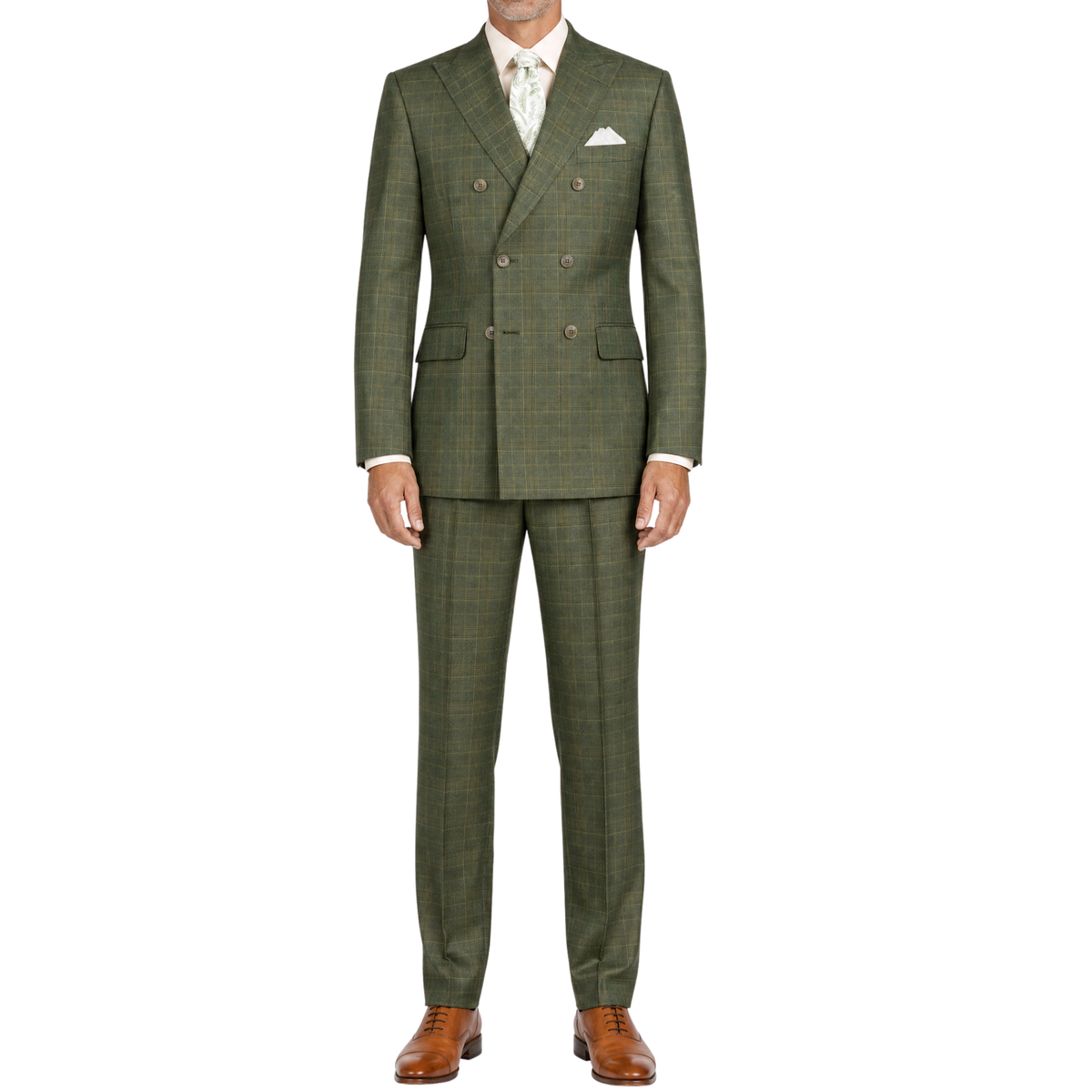 VINCI Men's Olive Green Sharkskin Glen Plaid Double Breasted Regular Fit Suit NEW. Features a sharp peak lapel, fully lined double breasted jacket, refined sharkskin Glen Plaid pattern, and flat front pants with a flexible comfort waistband and unfinished hems for custom tailoring. A classic men's suit for business, office, weddings, formal events, and evening wear. Available at Fashion House Inc. (FH Menswear, Style #DRW-7)