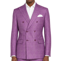 VINCI Men's Plum Sharkskin Glen Plaid Double Breasted Regular Fit Suit NEW. Features a sharp peak lapel, fully lined double breasted jacket, refined sharkskin Glen Plaid pattern, and flat front pants with a flexible comfort waistband and unfinished hems for custom tailoring. A classic men's suit for business, office, weddings, formal events, and evening wear. Available at Fashion House Inc. (FH Menswear, Style #DRW-7)