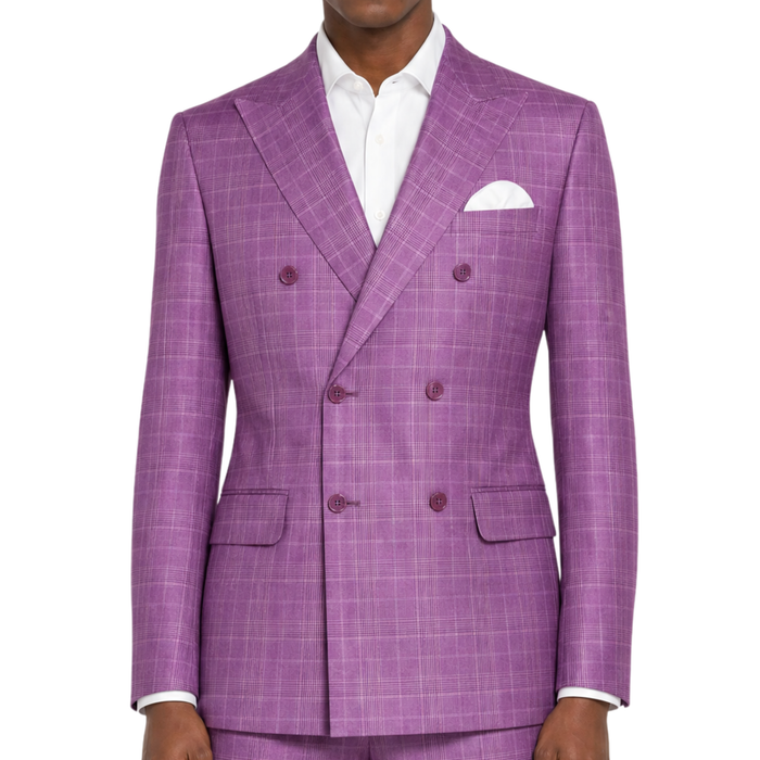 VINCI Men's Plum Sharkskin Glen Plaid Double Breasted Regular Fit Suit NEW. Features a sharp peak lapel, fully lined double breasted jacket, refined sharkskin Glen Plaid pattern, and flat front pants with a flexible comfort waistband and unfinished hems for custom tailoring. A classic men's suit for business, office, weddings, formal events, and evening wear. Available at Fashion House Inc. (FH Menswear, Style #DRW-7)