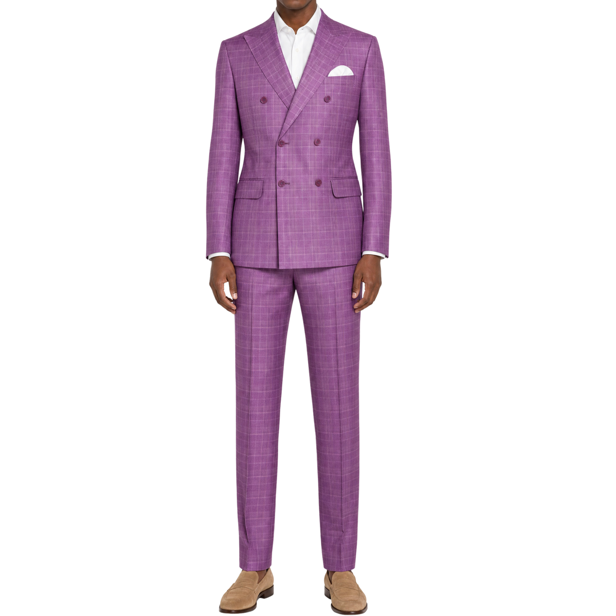 VINCI Men's Plum Sharkskin Glen Plaid Double Breasted Regular Fit Suit NEW. Features a sharp peak lapel, fully lined double breasted jacket, refined sharkskin Glen Plaid pattern, and flat front pants with a flexible comfort waistband and unfinished hems for custom tailoring. A classic men's suit for business, office, weddings, formal events, and evening wear. Available at Fashion House Inc. (FH Menswear, Style #DRW-7)