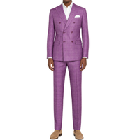 VINCI Men's Plum Sharkskin Glen Plaid Double Breasted Regular Fit Suit NEW. Features a sharp peak lapel, fully lined double breasted jacket, refined sharkskin Glen Plaid pattern, and flat front pants with a flexible comfort waistband and unfinished hems for custom tailoring. A classic men's suit for business, office, weddings, formal events, and evening wear. Available at Fashion House Inc. (FH Menswear, Style #DRW-7)