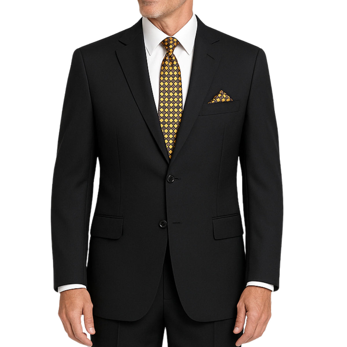 VINCI Men's Black 2-Button Suit with Adjustable Waistband, Regular-Fit - NEW. Features a notch lapel jacket luxuriously lined for comfort and non-pleated trousers designed for a custom fit. Ideal for both office and elegant evening wear. Available at Fashion House Inc. (FH Menswear)