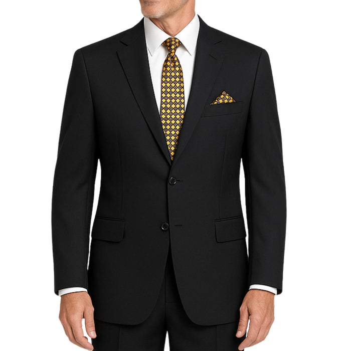 VINCI Men's Black 2-Button Suit with Adjustable Waistband, Regular-Fit - NEW. Features a notch lapel jacket luxuriously lined for comfort and non-pleated trousers designed for a custom fit. Ideal for both office and elegant evening wear. Available at Fashion House Inc. (FH Menswear)