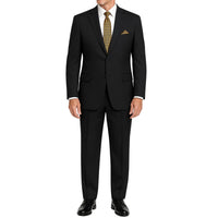 VINCI Men's Black 2-Button Suit with Adjustable Waistband, Regular-Fit - NEW. Features a notch lapel jacket luxuriously lined for comfort and non-pleated trousers designed for a custom fit. Ideal for both office and elegant evening wear. Available at Fashion House Inc. (FH Menswear)