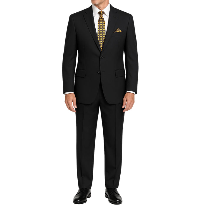VINCI Men's Black 2-Button Suit with Adjustable Waistband, Regular-Fit - NEW. Features a notch lapel jacket luxuriously lined for comfort and non-pleated trousers designed for a custom fit. Ideal for both office and elegant evening wear. Available at Fashion House Inc. (FH Menswear)