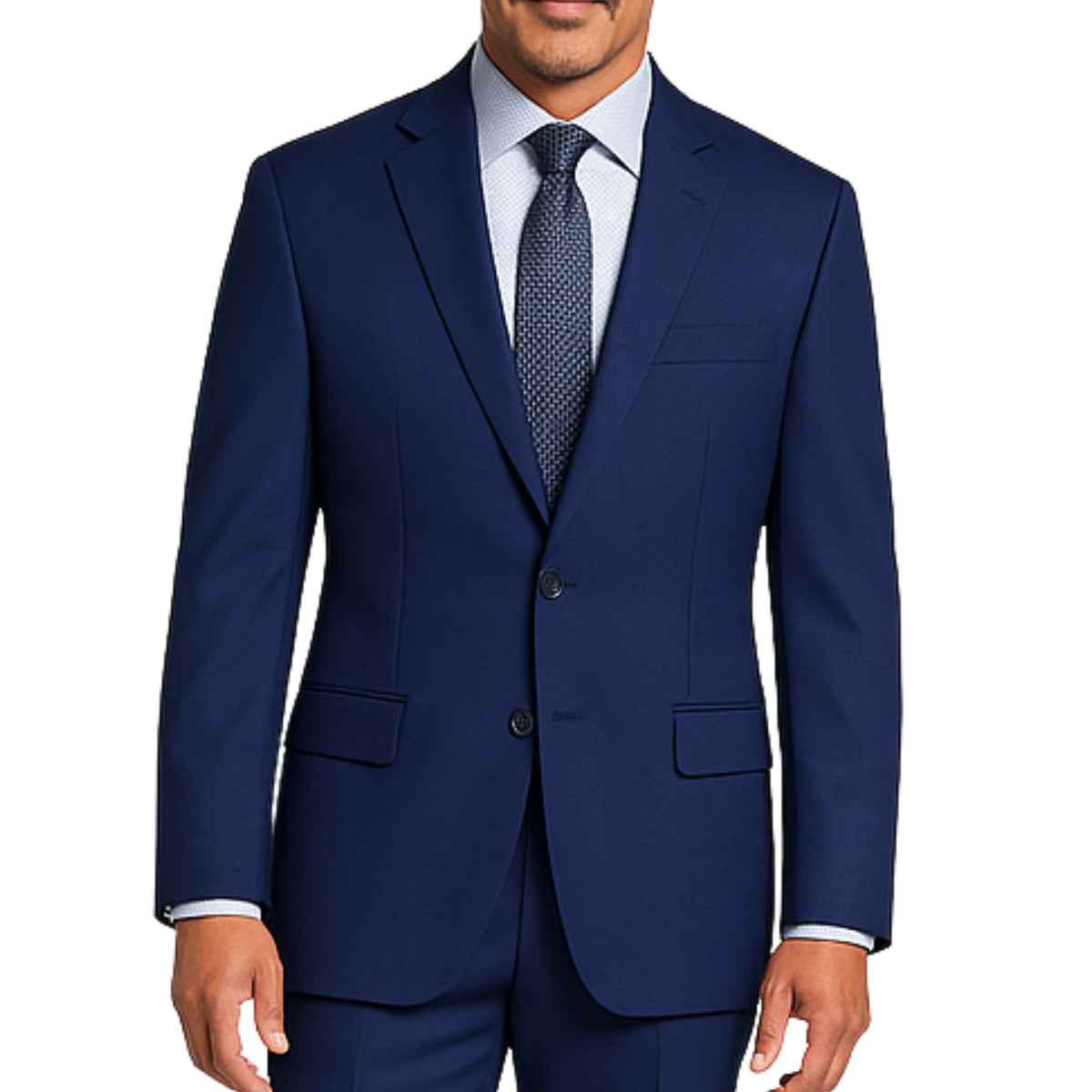 VINCI Men's Patriot Blue 2-Button Suit with Adjustable Waistband, Regular-Fit - NEW. Features a notch lapel jacket luxuriously lined for comfort and non-pleated trousers designed for a custom fit. Ideal for both office and elegant evening wear. Available at Fashion House Inc. (FH Menswear)