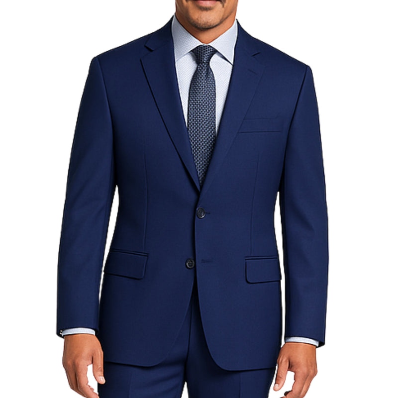 VINCI Men's Patriot Blue 2-Button Suit with Adjustable Waistband, Regular-Fit - NEW. Features a notch lapel jacket luxuriously lined for comfort and non-pleated trousers designed for a custom fit. Ideal for both office and elegant evening wear. Available at Fashion House Inc. (FH Menswear)