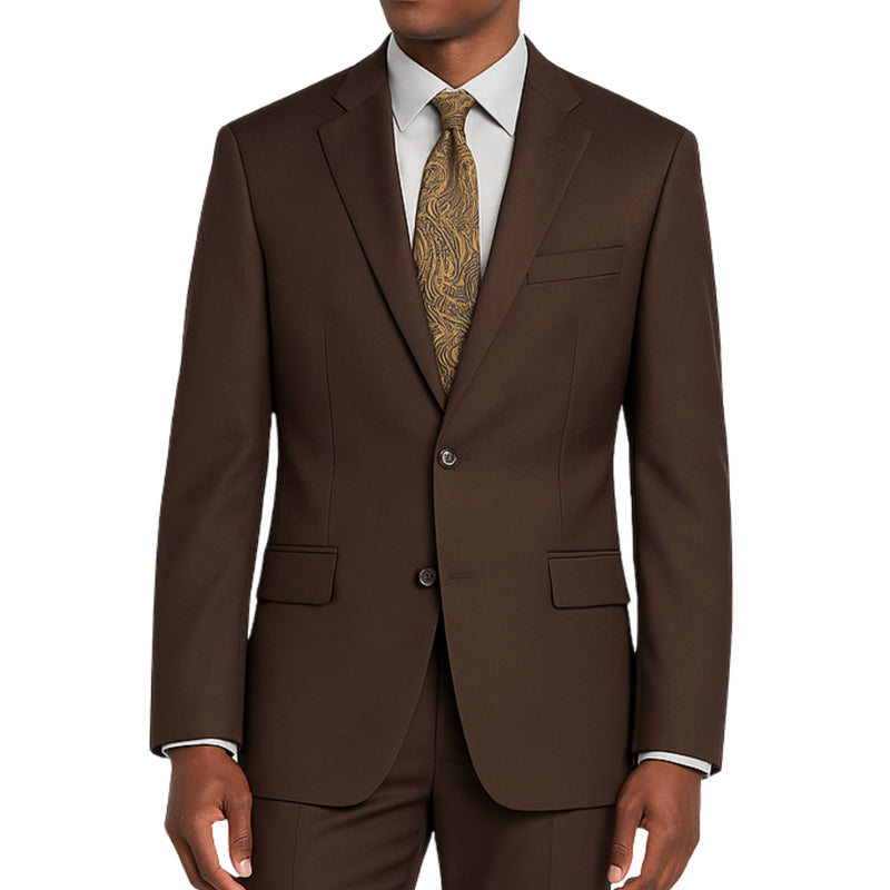 VINCI Men's Brown 2-Button Suit with Adjustable Waistband, Regular-Fit - NEW. Features a notch lapel jacket luxuriously lined for comfort and non-pleated trousers designed for a custom fit. Ideal for both office and elegant evening wear. Available at Fashion House Inc. (FH Menswear)
