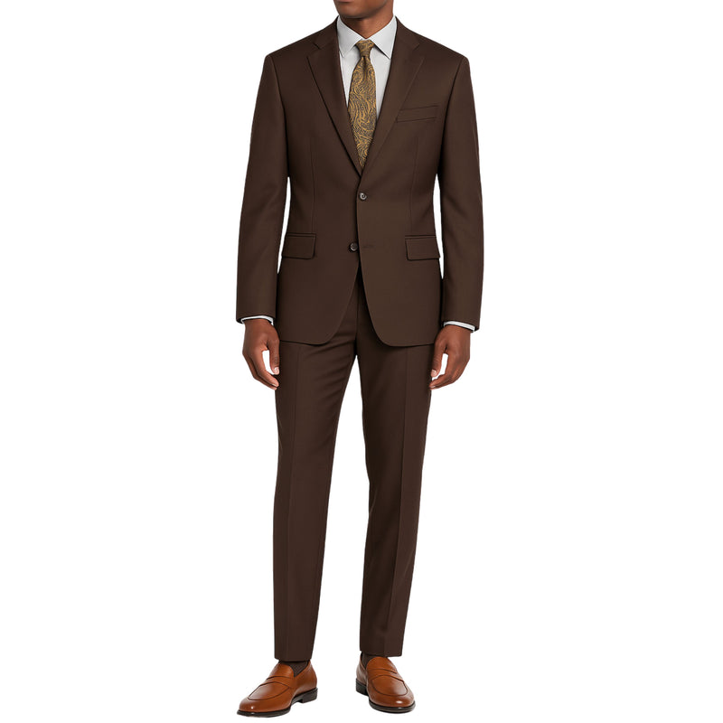 VINCI Men's Brown 2-Button Suit with Adjustable Waistband, Regular-Fit - NEW. Features a notch lapel jacket luxuriously lined for comfort and non-pleated trousers designed for a custom fit. Ideal for both office and elegant evening wear. Available at Fashion House Inc. (FH Menswear)