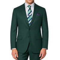 VINCI Men's Hunter Green 2-Button Suit with Adjustable Waistband, Regular-Fit - NEW. Features a notch lapel jacket luxuriously lined for comfort and non-pleated trousers designed for a custom fit. Ideal for both office and elegant evening wear. Available at Fashion House Inc. (FH Menswear)