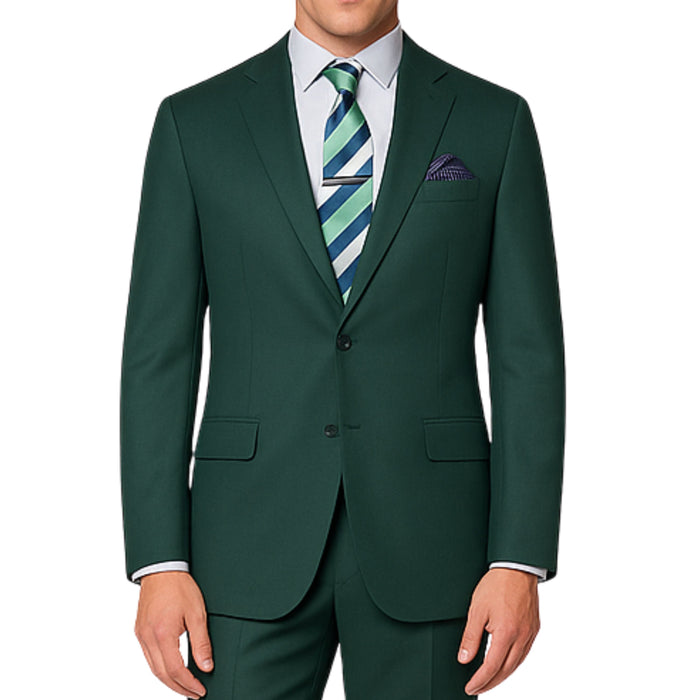 VINCI Men's Hunter Green 2-Button Suit with Adjustable Waistband, Regular-Fit - NEW. Features a notch lapel jacket luxuriously lined for comfort and non-pleated trousers designed for a custom fit. Ideal for both office and elegant evening wear. Available at Fashion House Inc. (FH Menswear)