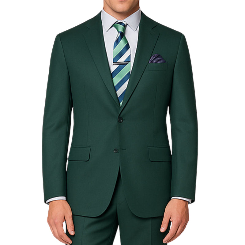 VINCI Men's Hunter Green 2-Button Suit with Adjustable Waistband, Regular-Fit - NEW. Features a notch lapel jacket luxuriously lined for comfort and non-pleated trousers designed for a custom fit. Ideal for both office and elegant evening wear. Available at Fashion House Inc. (FH Menswear)
