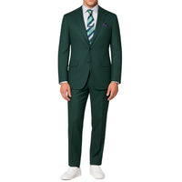VINCI Men's Hunter Green 2-Button Suit with Adjustable Waistband, Regular-Fit - NEW. Features a notch lapel jacket luxuriously lined for comfort and non-pleated trousers designed for a custom fit. Ideal for both office and elegant evening wear. Available at Fashion House Inc. (FH Menswear)