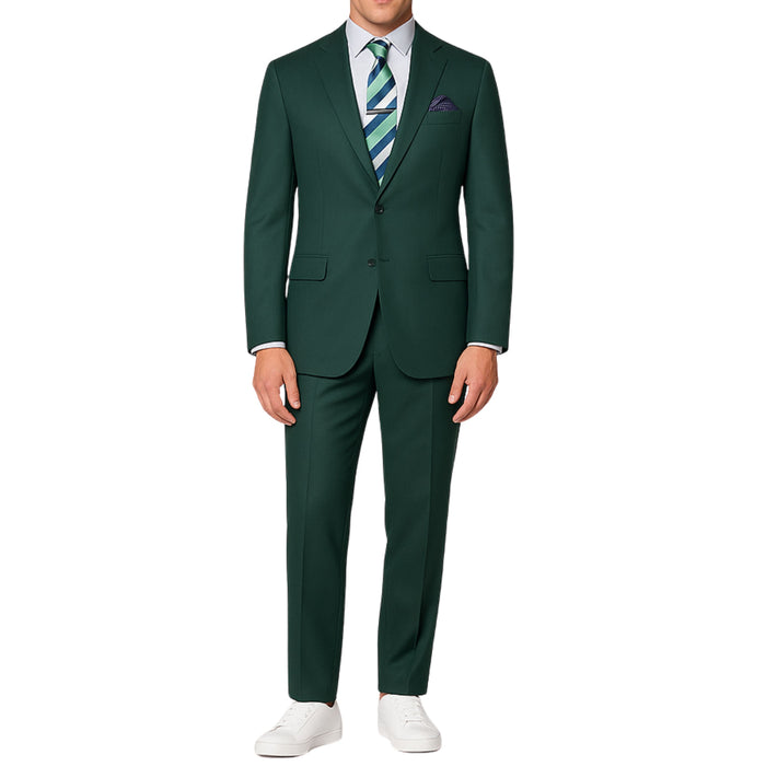 VINCI Men's Hunter Green 2-Button Suit with Adjustable Waistband, Regular-Fit - NEW. Features a notch lapel jacket luxuriously lined for comfort and non-pleated trousers designed for a custom fit. Ideal for both office and elegant evening wear. Available at Fashion House Inc. (FH Menswear)