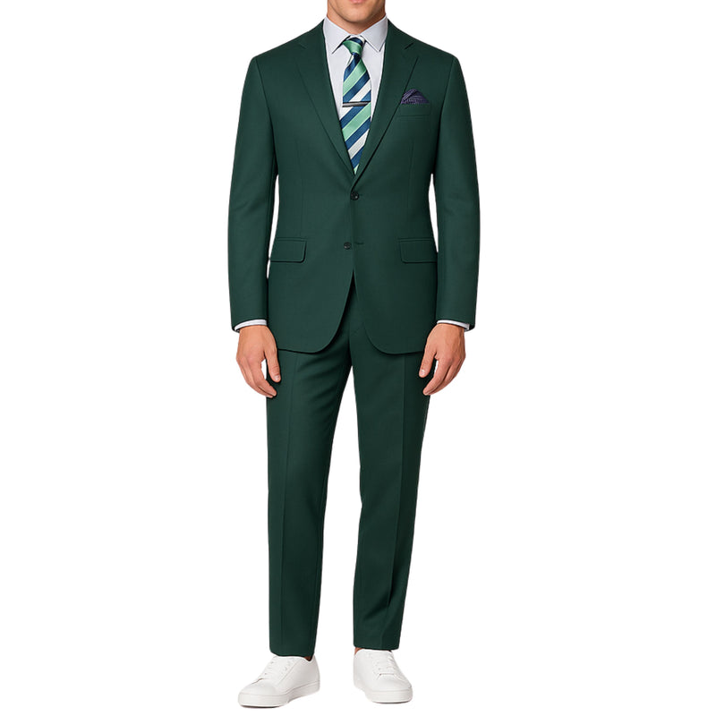 VINCI Men's Hunter Green 2-Button Suit with Adjustable Waistband, Regular-Fit - NEW. Features a notch lapel jacket luxuriously lined for comfort and non-pleated trousers designed for a custom fit. Ideal for both office and elegant evening wear. Available at Fashion House Inc. (FH Menswear)