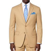 VINCI Men's Light Beige 2-Button Suit with Adjustable Waistband, Regular-Fit - NEW. Features a notch lapel jacket luxuriously lined for comfort and non-pleated trousers designed for a custom fit. Ideal for both office and elegant evening wear. Available at Fashion House Inc. (FH Menswear)