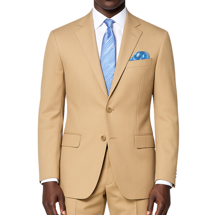 VINCI Men's Light Beige 2-Button Suit with Adjustable Waistband, Regular-Fit - NEW. Features a notch lapel jacket luxuriously lined for comfort and non-pleated trousers designed for a custom fit. Ideal for both office and elegant evening wear. Available at Fashion House Inc. (FH Menswear)