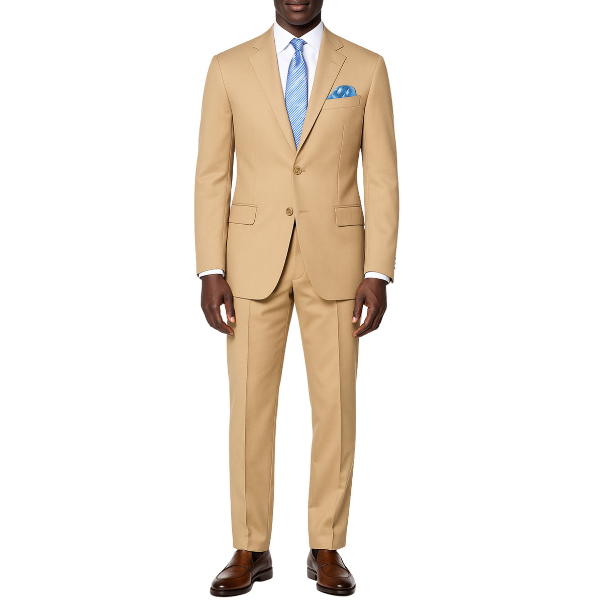 VINCI Men's Light Beige 2-Button Suit with Adjustable Waistband, Regular-Fit - NEW. Features a notch lapel jacket luxuriously lined for comfort and non-pleated trousers designed for a custom fit. Ideal for both office and elegant evening wear. Available at Fashion House Inc. (FH Menswear)