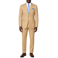 VINCI Men's Light Beige 2-Button Suit with Adjustable Waistband, Regular-Fit - NEW. Features a notch lapel jacket luxuriously lined for comfort and non-pleated trousers designed for a custom fit. Ideal for both office and elegant evening wear. Available at Fashion House Inc. (FH Menswear)