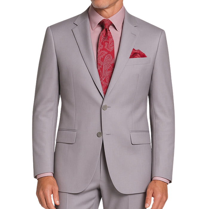 VINCI Men's Light Gray 2-Button Suit with Adjustable Waistband, Regular-Fit - NEW. Features a notch lapel jacket luxuriously lined for comfort and non-pleated trousers designed for a custom fit. Ideal for both office and elegant evening wear. Available at Fashion House Inc. (FH Menswear)
