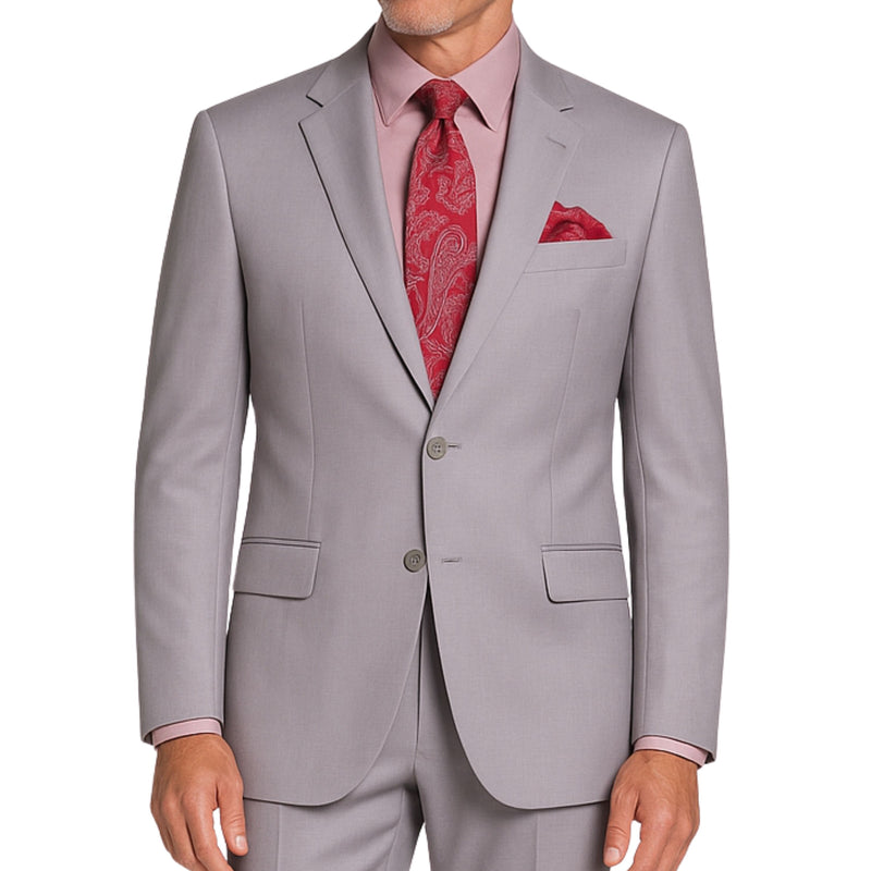 VINCI Men's Light Gray 2-Button Suit with Adjustable Waistband, Regular-Fit - NEW. Features a notch lapel jacket luxuriously lined for comfort and non-pleated trousers designed for a custom fit. Ideal for both office and elegant evening wear. Available at Fashion House Inc. (FH Menswear)