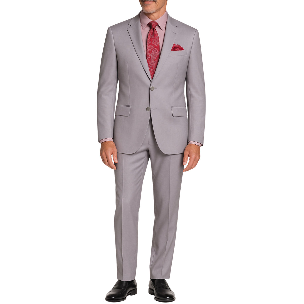 VINCI Men's Light Gray 2-Button Suit with Adjustable Waistband, Regular-Fit - NEW. Features a notch lapel jacket luxuriously lined for comfort and non-pleated trousers designed for a custom fit. Ideal for both office and elegant evening wear. Available at Fashion House Inc. (FH Menswear)
