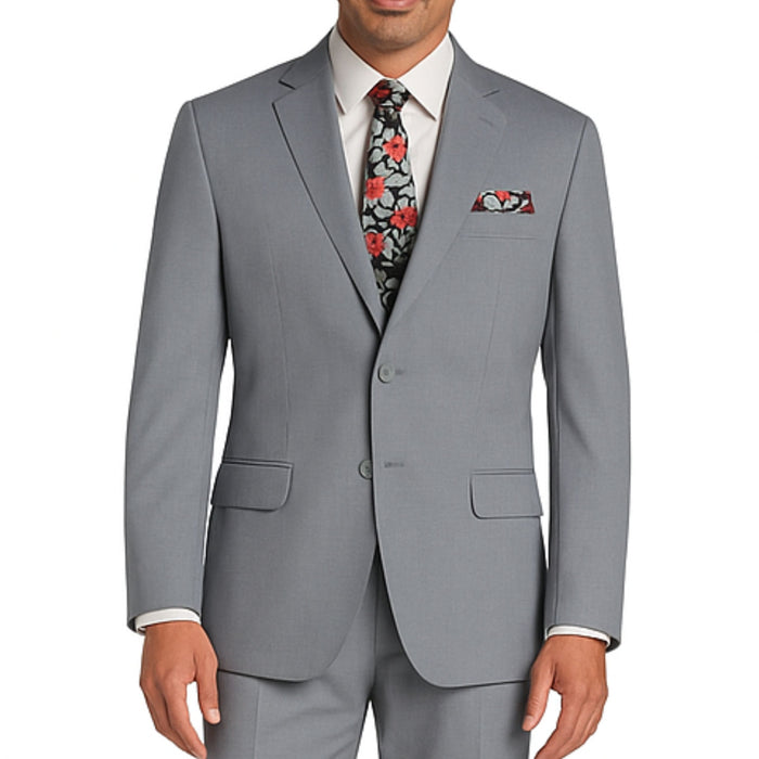 VINCI Men's Medium Gray 2-Button Suit with Adjustable Waistband, Regular-Fit - NEW. Features a notch lapel jacket luxuriously lined for comfort and non-pleated trousers designed for a custom fit. Ideal for both office and elegant evening wear. Available at Fashion House Inc. (FH Menswear)