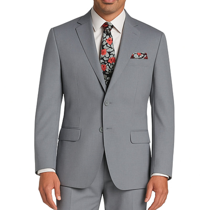 VINCI Men's Medium Gray 2-Button Suit with Adjustable Waistband, Regular-Fit - NEW. Features a notch lapel jacket luxuriously lined for comfort and non-pleated trousers designed for a custom fit. Ideal for both office and elegant evening wear. Available at Fashion House Inc. (FH Menswear)
