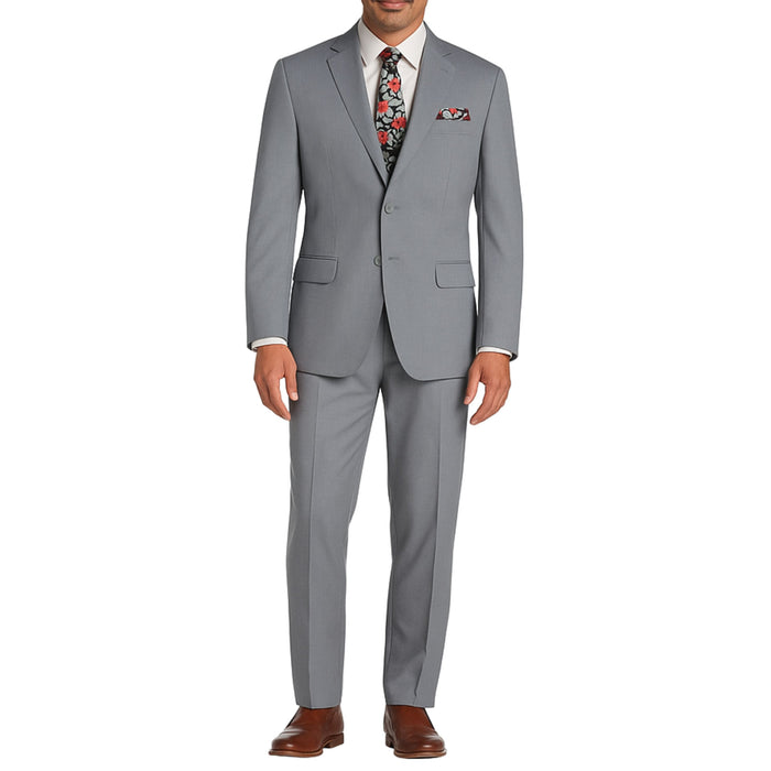 VINCI Men's Medium Gray 2-Button Suit with Adjustable Waistband, Regular-Fit - NEW. Features a notch lapel jacket luxuriously lined for comfort and non-pleated trousers designed for a custom fit. Ideal for both office and elegant evening wear. Available at Fashion House Inc. (FH Menswear)