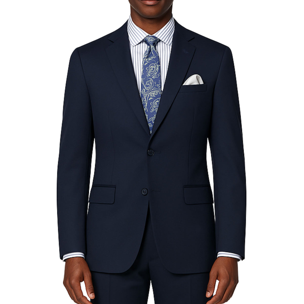 VINCI Men's Navy Blue 2-Button Suit with Adjustable Waistband, Regular-Fit - NEW. Features a notch lapel jacket luxuriously lined for comfort and non-pleated trousers designed for a custom fit. Ideal for both office and elegant evening wear. Available at Fashion House Inc. (FH Menswear)