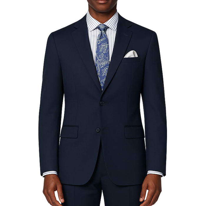 VINCI Men's Navy Blue 2-Button Suit with Adjustable Waistband, Regular-Fit - NEW. Features a notch lapel jacket luxuriously lined for comfort and non-pleated trousers designed for a custom fit. Ideal for both office and elegant evening wear. Available at Fashion House Inc. (FH Menswear)
