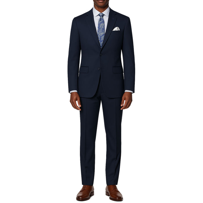 VINCI Men's Navy Blue 2-Button Suit with Adjustable Waistband, Regular-Fit - NEW. Features a notch lapel jacket luxuriously lined for comfort and non-pleated trousers designed for a custom fit. Ideal for both office and elegant evening wear. Available at Fashion House Inc. (FH Menswear)