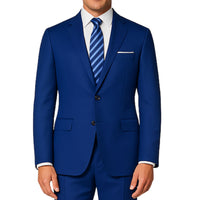 VINCI Men's Twilight Blue 2-Button Suit with Adjustable Waistband, Regular-Fit - NEW. Features a notch lapel jacket luxuriously lined for comfort and non-pleated trousers designed for a custom fit. Ideal for both office and elegant evening wear. Available at Fashion House Inc. (FH Menswear)