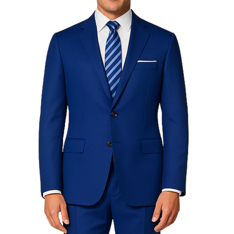 VINCI Men's Twilight Blue 2-Button Suit with Adjustable Waistband, Regular-Fit - NEW. Features a notch lapel jacket luxuriously lined for comfort and non-pleated trousers designed for a custom fit. Ideal for both office and elegant evening wear. Available at Fashion House Inc. (FH Menswear)