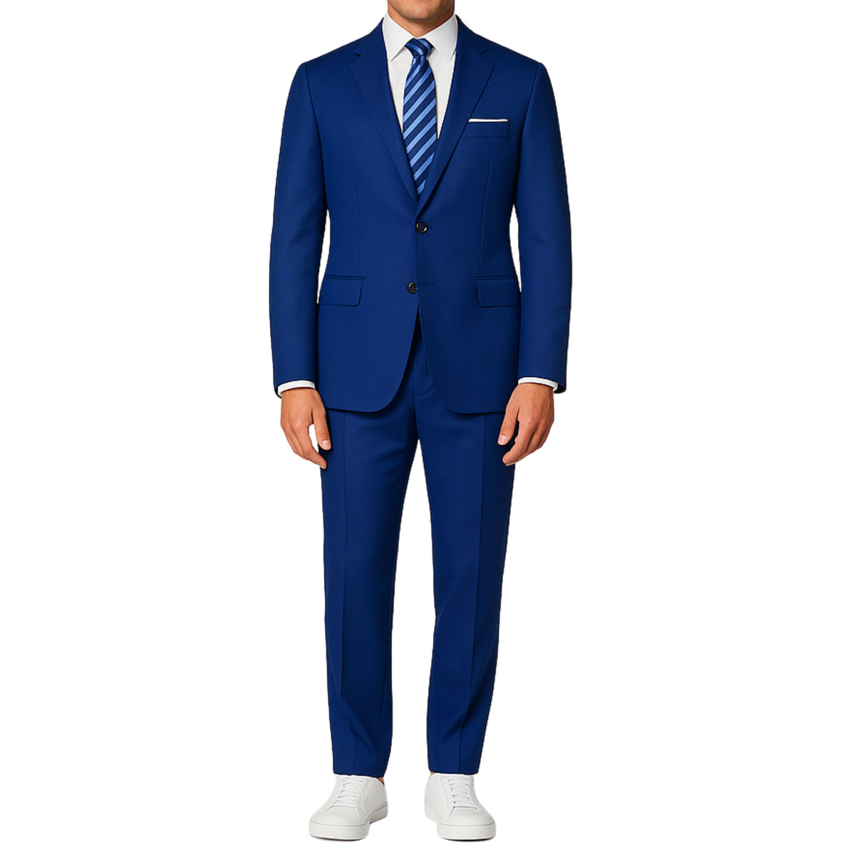 VINCI Men's Twilight Blue 2-Button Suit with Adjustable Waistband, Regular-Fit - NEW. Features a notch lapel jacket luxuriously lined for comfort and non-pleated trousers designed for a custom fit. Ideal for both office and elegant evening wear. Available at Fashion House Inc. (FH Menswear)