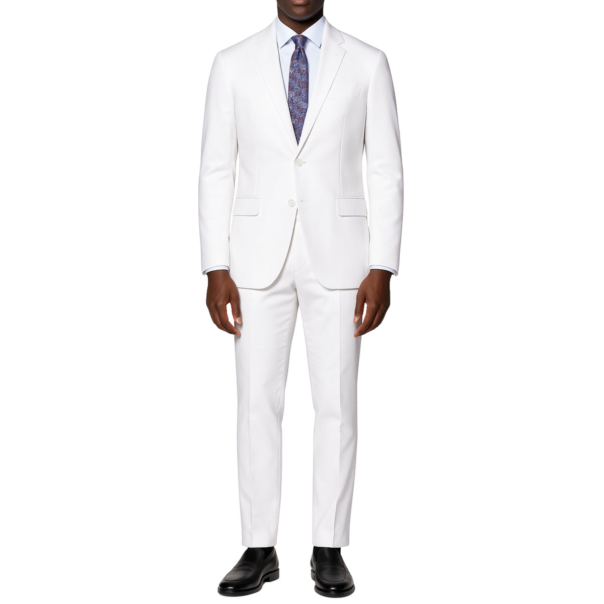 VINCI Men's White 2-Button Suit with Adjustable Waistband, Regular-Fit - NEW. Features a notch lapel jacket luxuriously lined for comfort and non-pleated trousers designed for a custom fit. Ideal for both office and elegant evening wear. Available at Fashion House Inc. (FH Menswear)