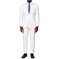 VINCI Men's White 2-Button Suit with Adjustable Waistband, Regular-Fit - NEW. Features a notch lapel jacket luxuriously lined for comfort and non-pleated trousers designed for a custom fit. Ideal for both office and elegant evening wear. Available at Fashion House Inc. (FH Menswear)