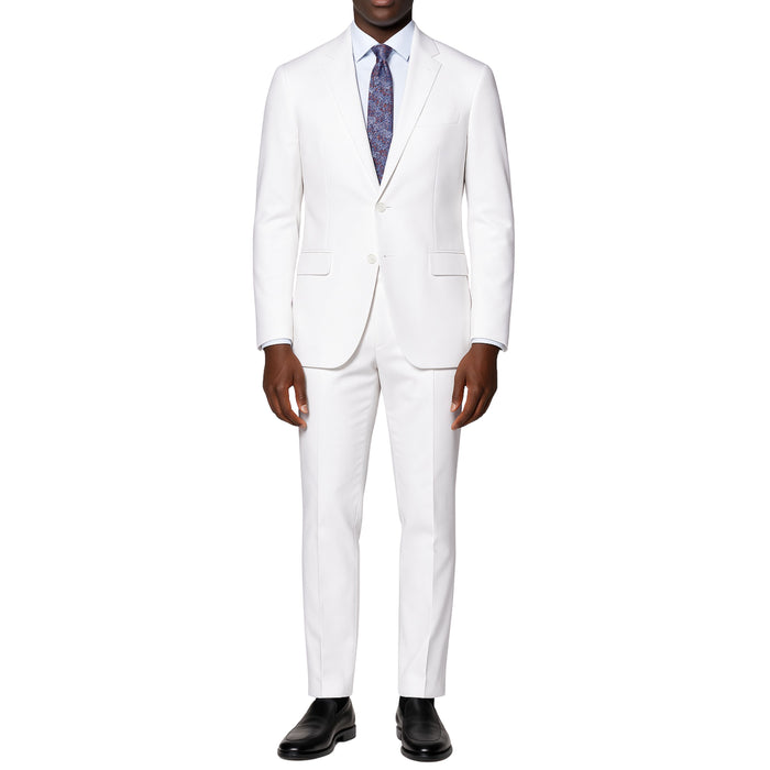VINCI Men's White 2-Button Suit with Adjustable Waistband, Regular-Fit - NEW. Features a notch lapel jacket luxuriously lined for comfort and non-pleated trousers designed for a custom fit. Ideal for both office and elegant evening wear. Available at Fashion House Inc. (FH Menswear)