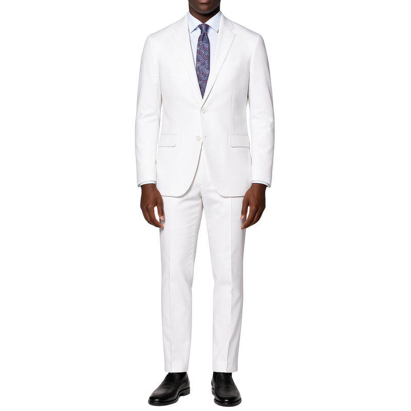 VINCI Men's White 2-Button Suit with Adjustable Waistband, Regular-Fit - NEW. Features a notch lapel jacket luxuriously lined for comfort and non-pleated trousers designed for a custom fit. Ideal for both office and elegant evening wear. Available at Fashion House Inc. (FH Menswear)