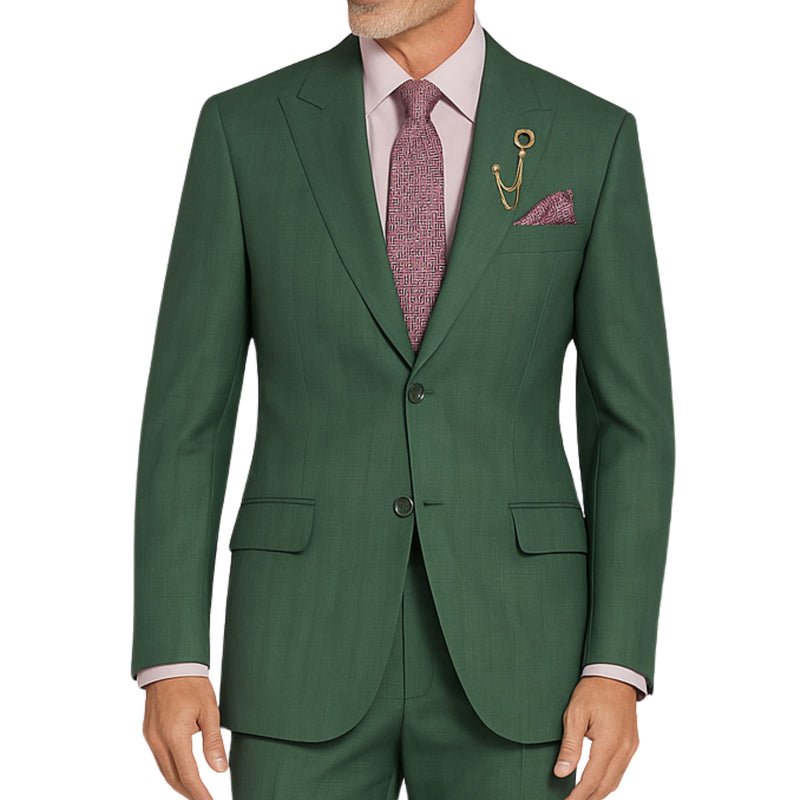 VINCI Men's Forest Green Glen Plaid 2-Button Regular Fit Suit with Peak Lapel - NEW. Classic silhouette with peak lapel jacket and flat-front pants featuring a flexible waistband and unfinished hems. Ideal for office or formal occasions. Available at Fashion House Inc. (FH Menswear)